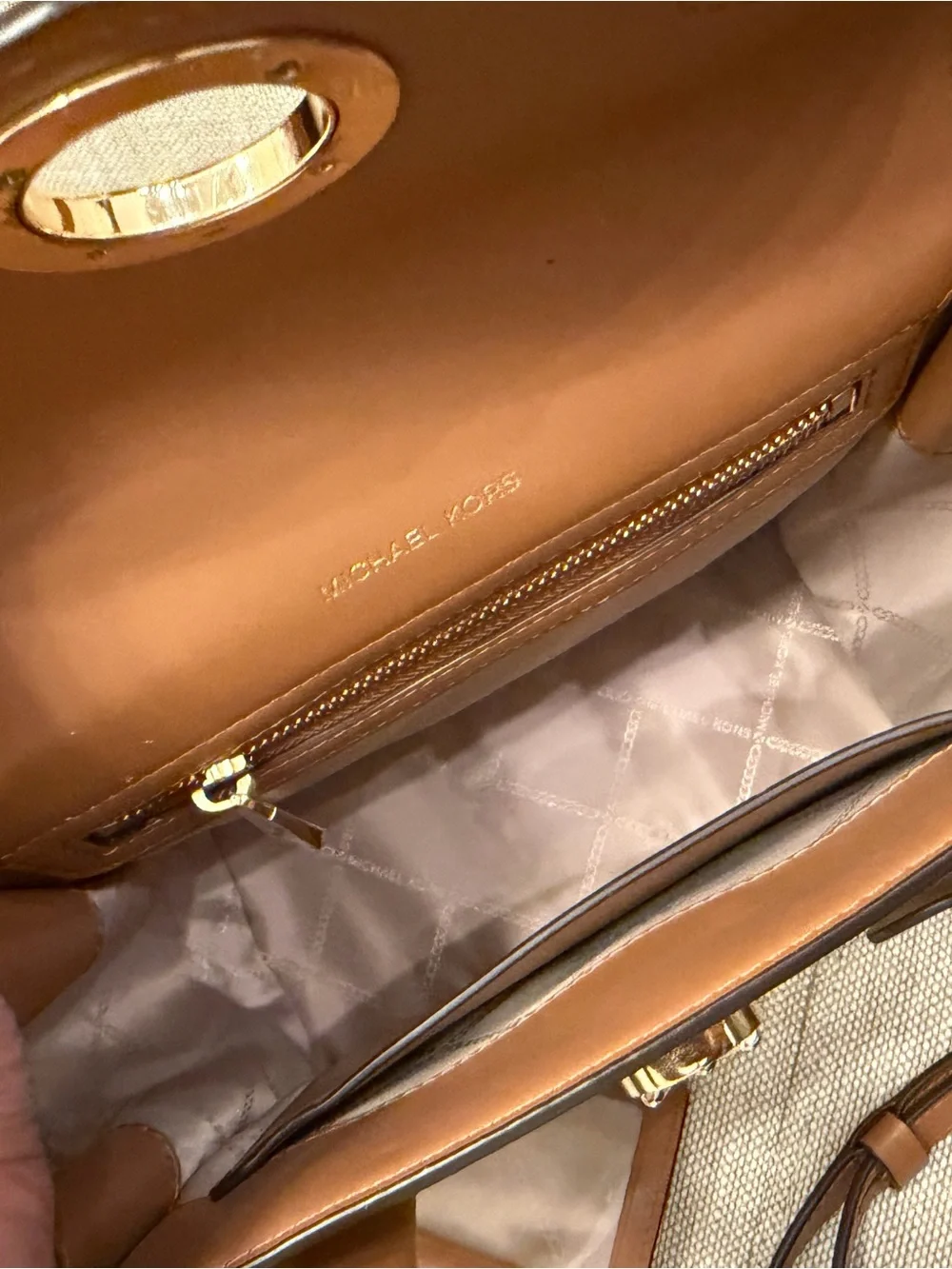 Michael Kors Brown and Cream Signature Satchel with Chain Accent